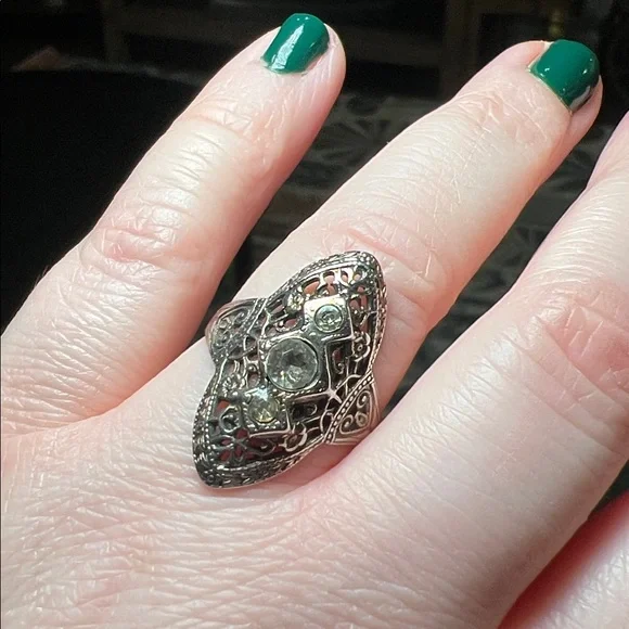 Antique Art Deco Ornate Filigree Sterling Silver Paste Diamond Statement Ring - Picture 8 of 11